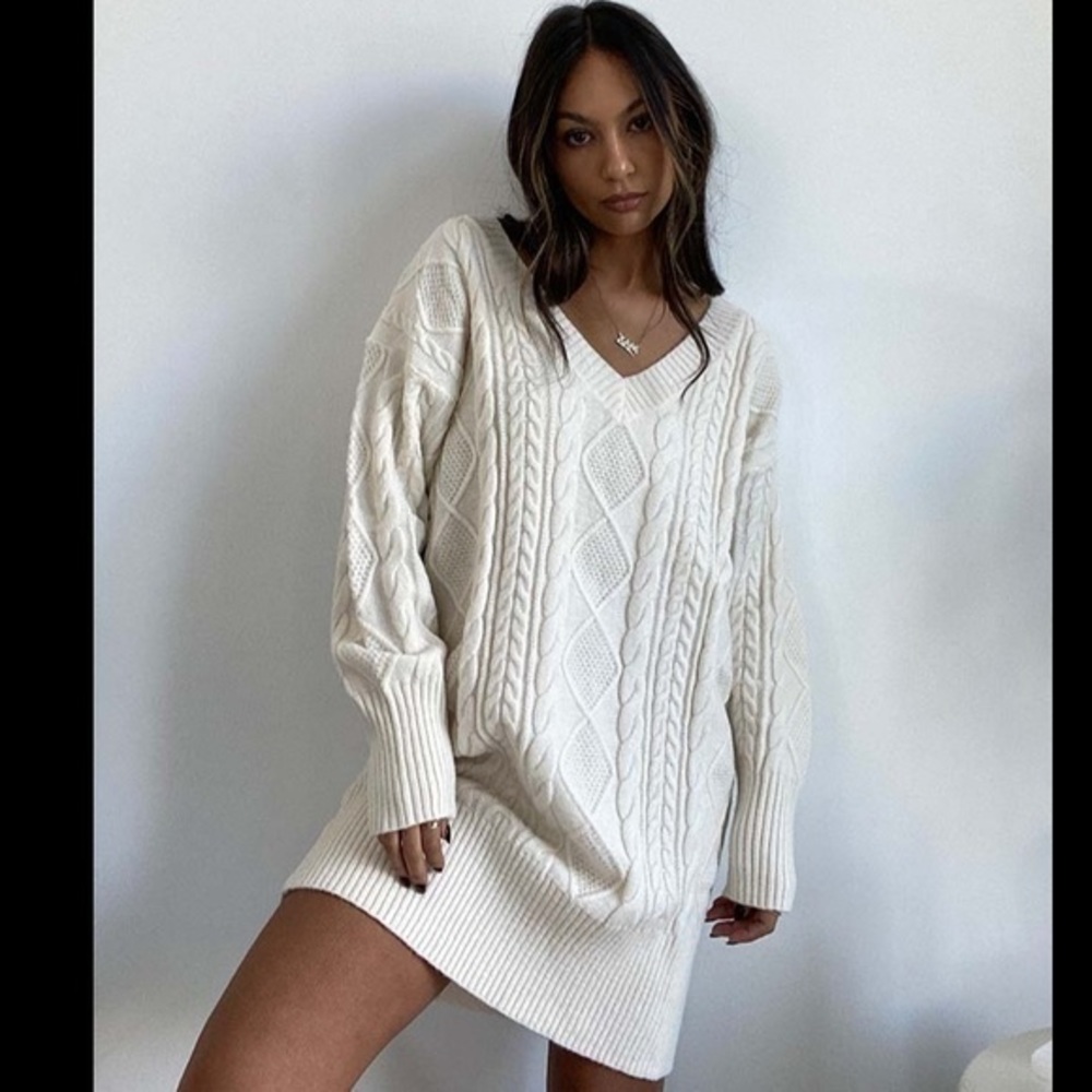 Oversized Ivory Cable Knit Sweater Dress